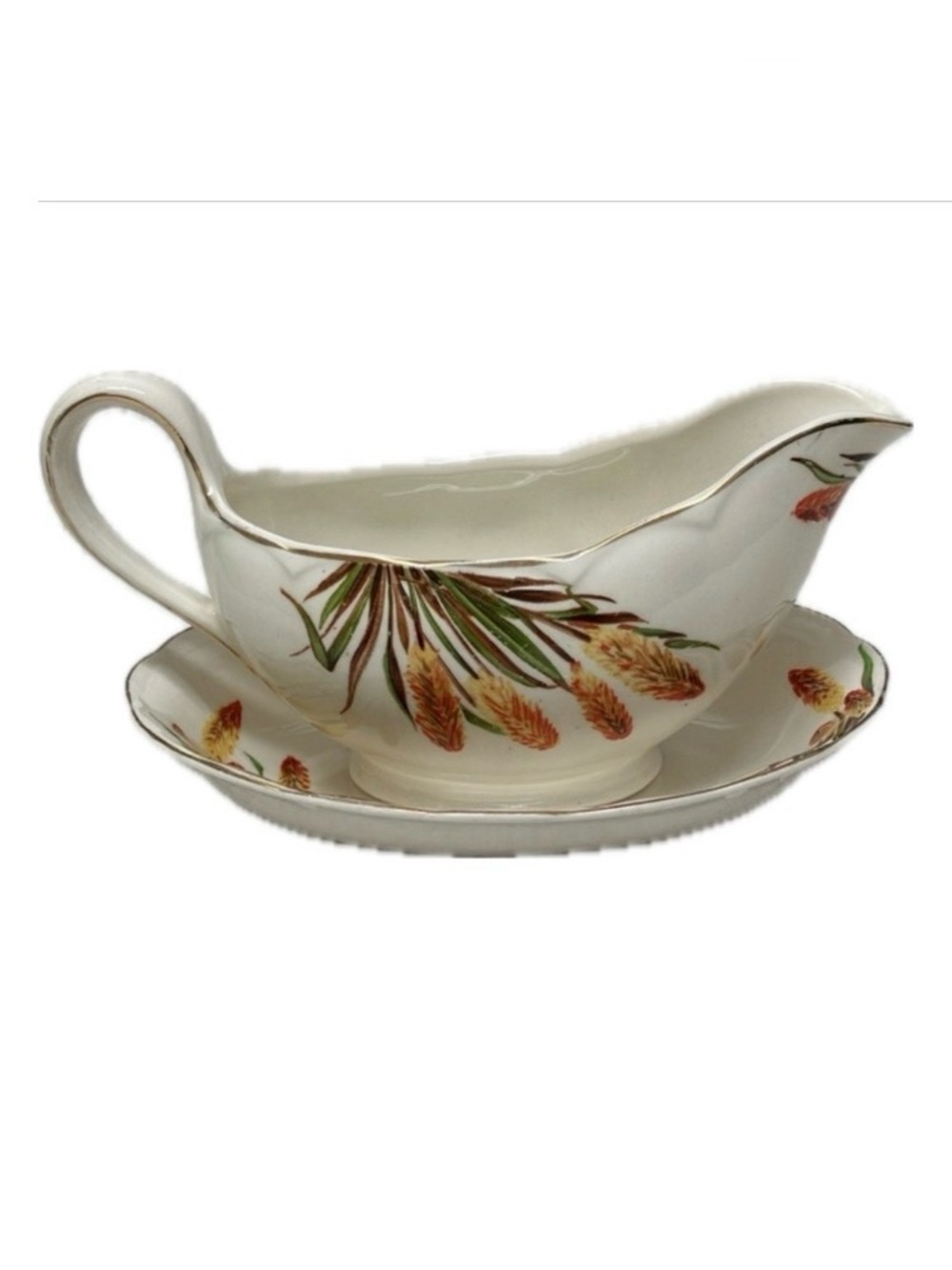 Grindley Creampetal Fire Poker 2 piece gravy boat and tray, vintage bone china